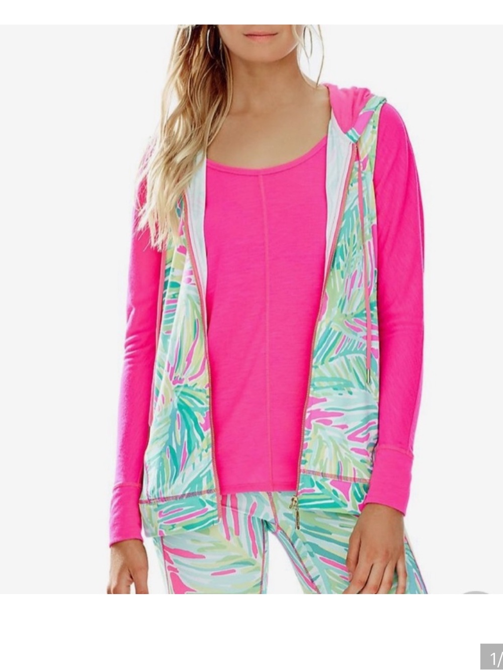 Lilly Pulitzer luxletic Pink, Green & Aqua Leaf-Print sleeveless Hooded Vest XL